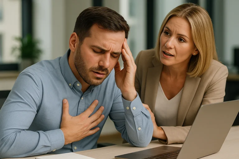 Ein junger Mann mit Panikattacke sitzt im Büro, hält sich Brust und Schläfe, während eine besorgte Chefin ihm beruhigend zuspricht.